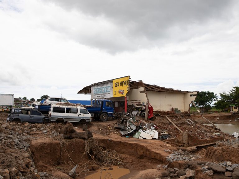 Buildings damaged by flooding in Malawi